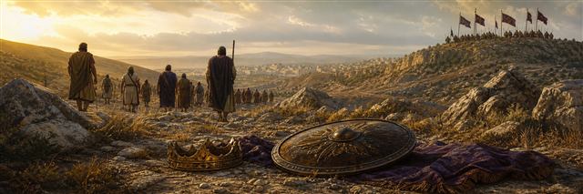 Saul’s abandoned crown and shield on Mount Gilboa as survivors retreat